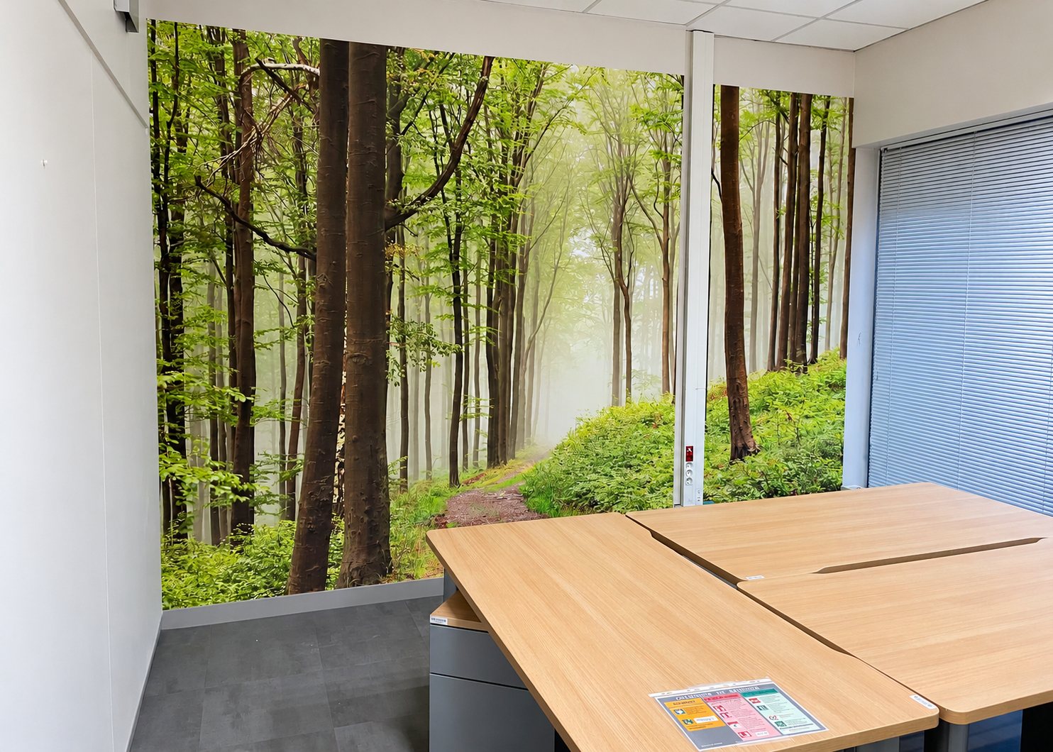 Un bureau équipé de tables en bois clair dont le mur du fond est recouvert d'une grande fresque murale représentant un sentier dans une forêt brumeuse.