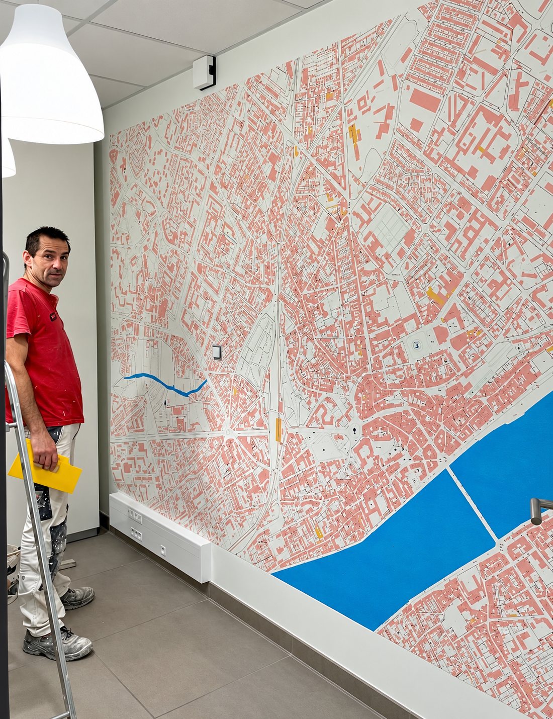 Un peintre en t-shirt rouge tient une spatule jaune près d'un grand mur recouvert d'un plan de ville rose et bleu.