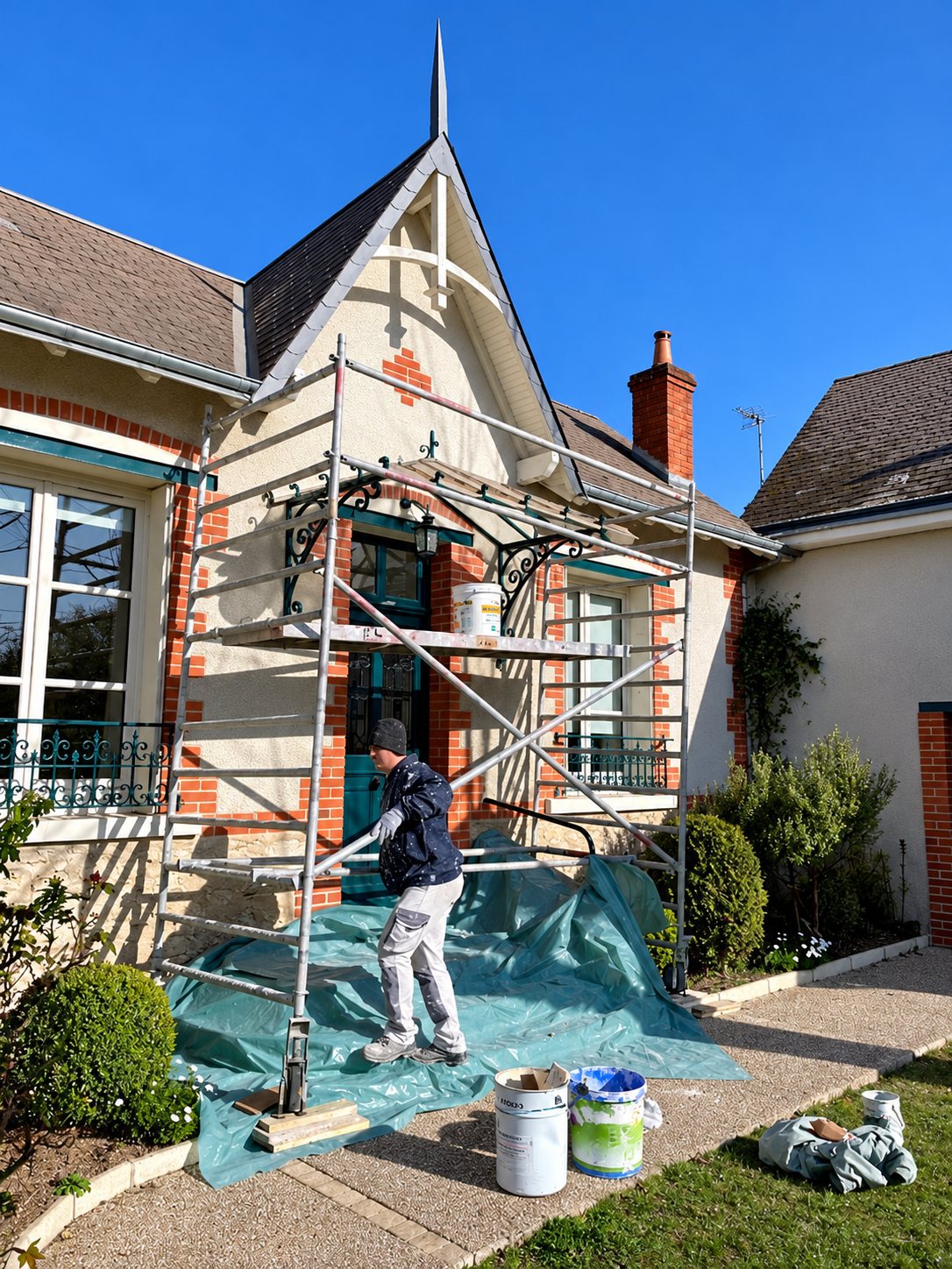 Un peintre travaille près d'un échafaudage dressé devant la façade enduite d'une maison à pignon, avec bâche et pots de peinture au sol.