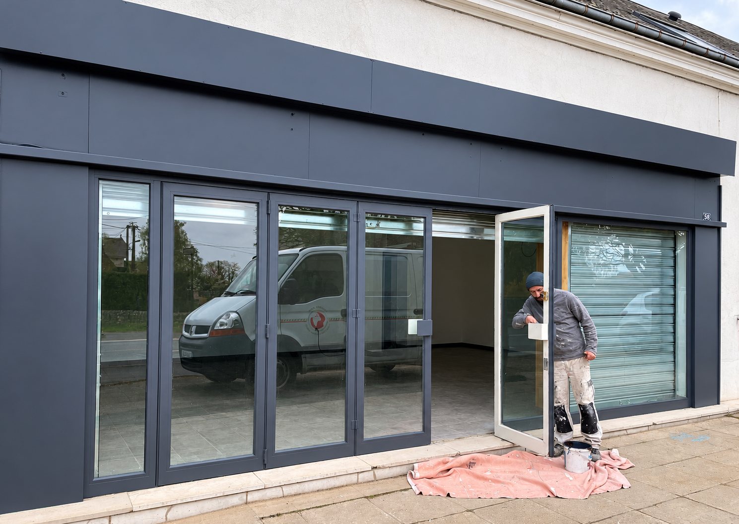 Un peintre en tenue de travail peint le cadre d'une porte vitrée devant une façade de boutique grise, avec une camionnette blanche visible à travers les vitres.
