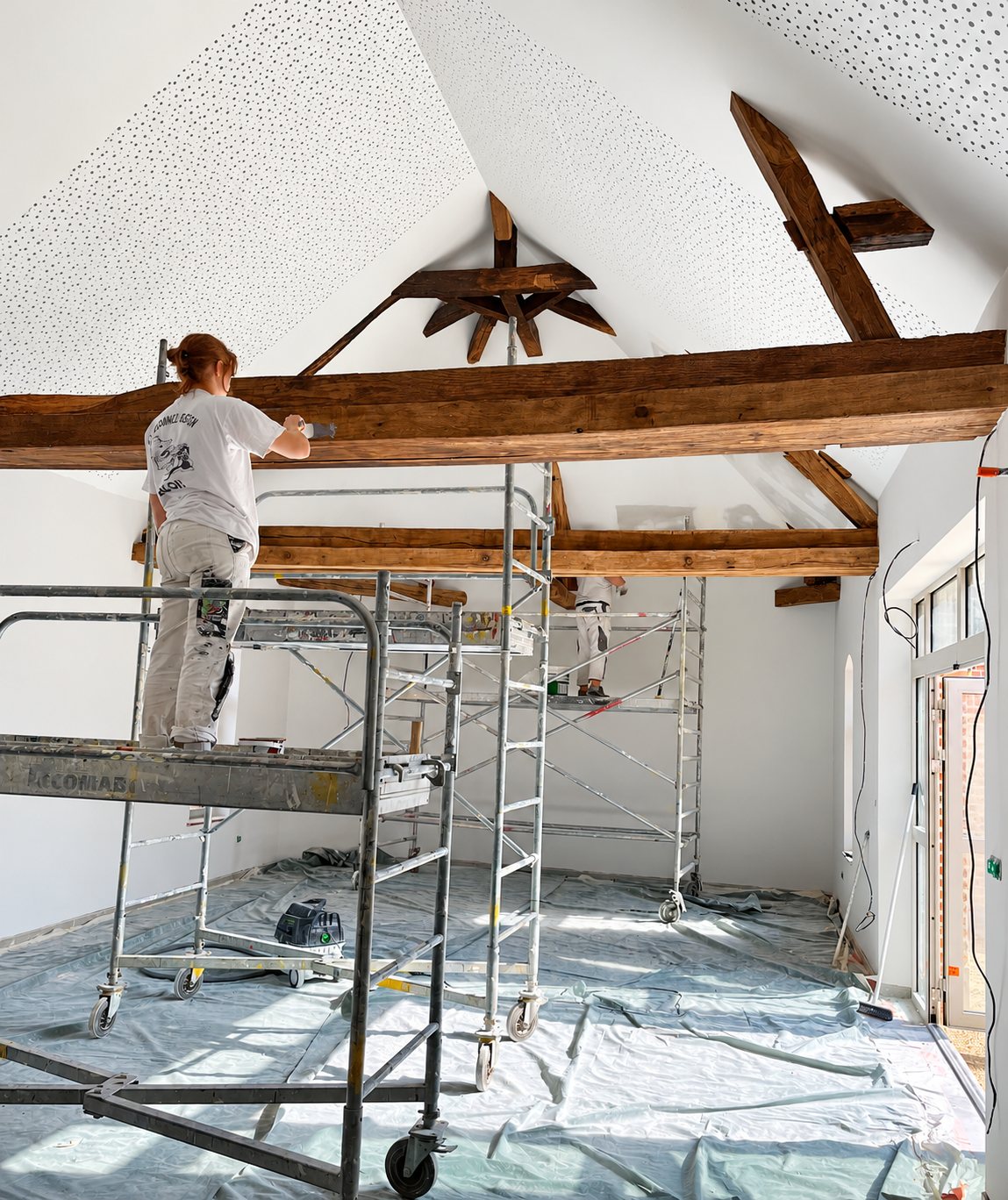 Deux peintres travaillent sur des échafaudages roulants pour rénover une pièce sous charpente, avec poutres en bois apparentes et sol protégé par des bâches.