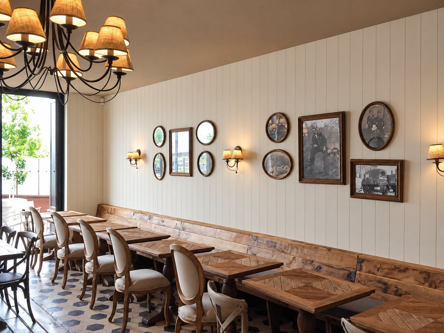 Intérieur chaleureux d'un restaurant avec une longue banquette en bois, des tables en marqueterie, des chaises médaillon, des miroirs et des photos anciennes encadrées au mur.